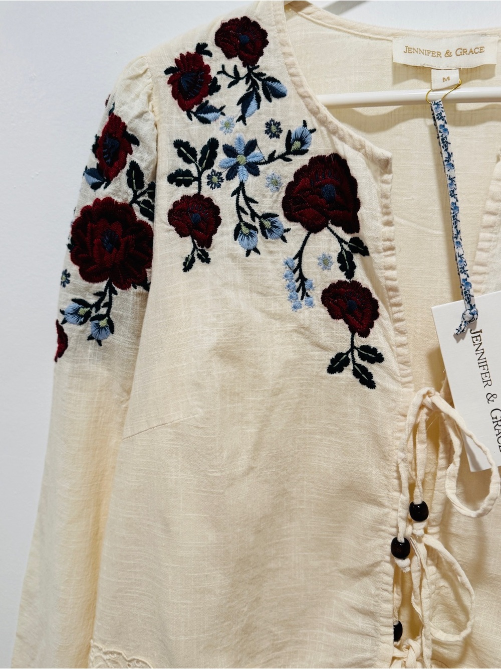 Jennifer & Grace Cream Embroidered Floral Lace-Trim Blouse - Picture 6 of 11
